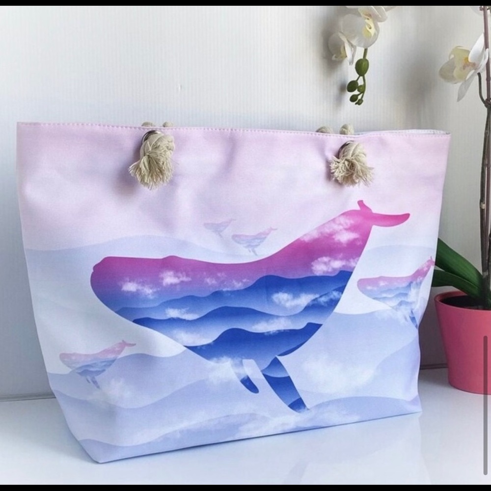New! Ombré Ocean Whale Rope Handle Tote Travel Bag Beach with pocket - Picture 9 of 12